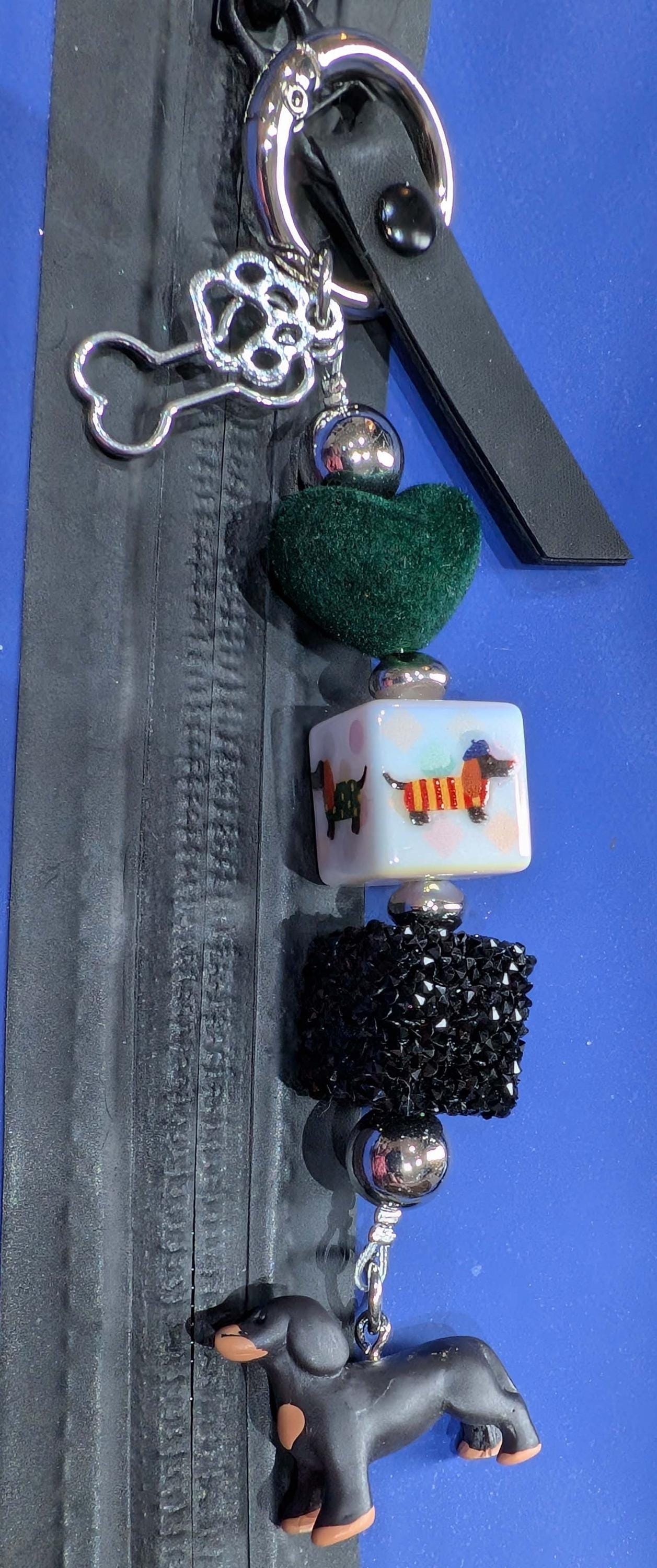 Handmade Beaded Dachshund Keyring / Bag Charm — Dark Green Suede Heart