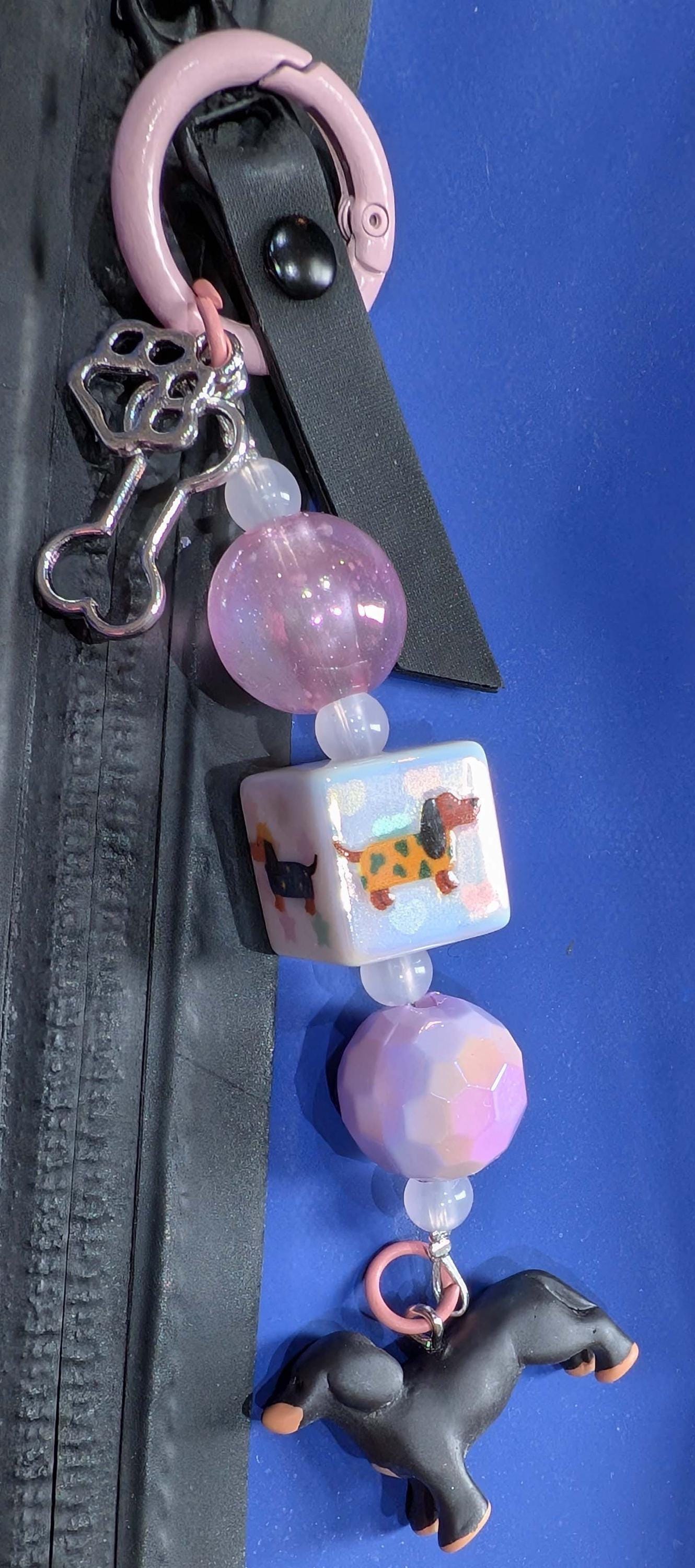 Handmade Beaded Dachshund Keyring / Bag Charm — Square Dachshund Bead