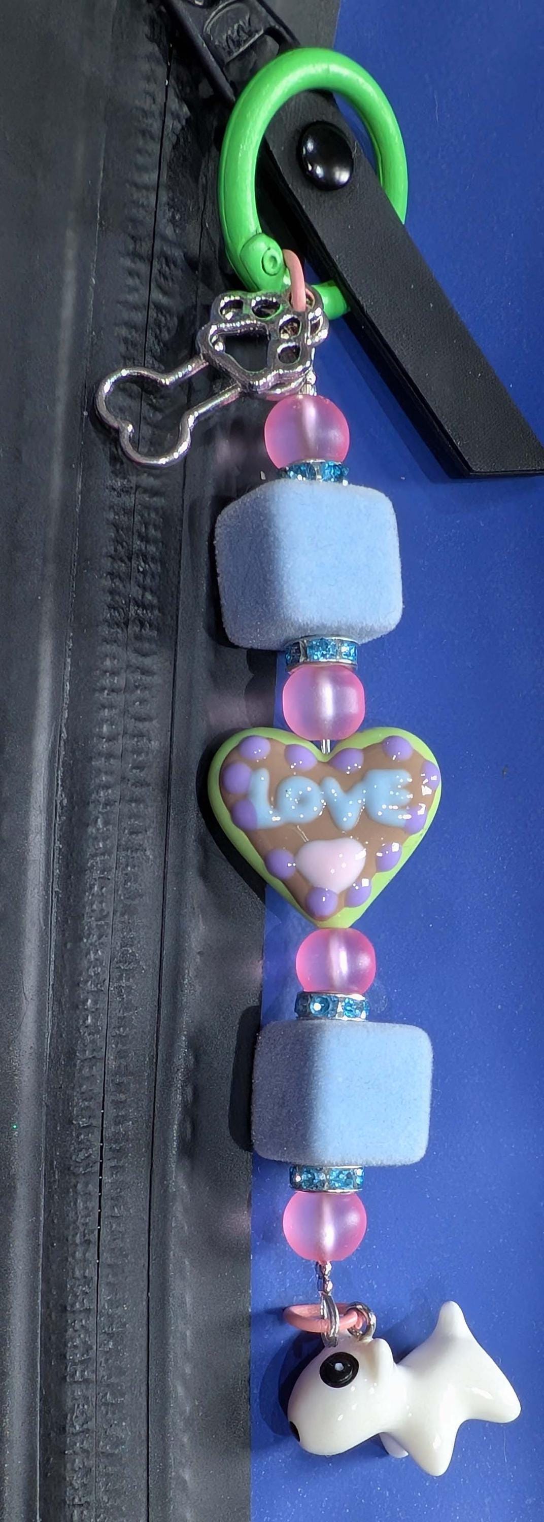 Handmade Beaded Bull Terrier Keyring / Bag Charm / Phone Charm — Green Hand Painted Heart