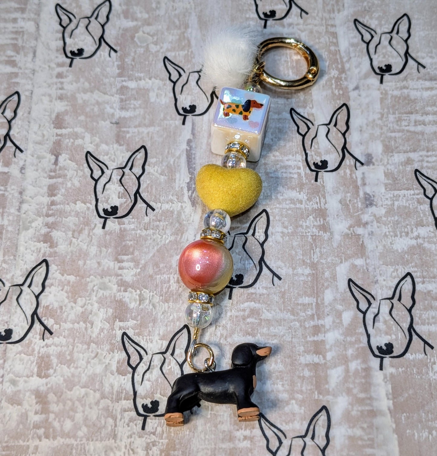 Handmade Beaded Dachshund Keyring / Bag Charm — Yellow Suede Heart