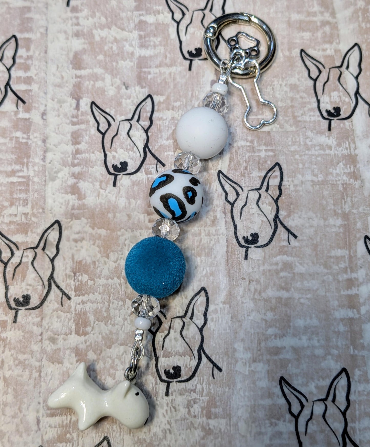 Handmade Beaded Bull Terrier Keyring / Bag Charm / Phone Charm — White, Teal & Animal Print
