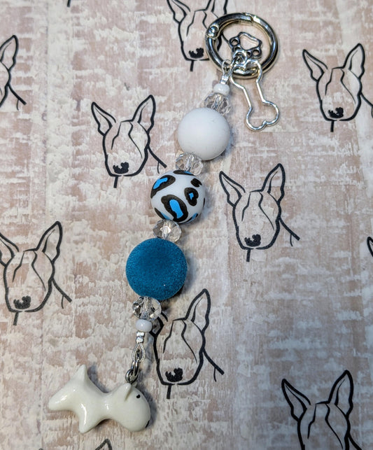 Handmade Beaded Bull Terrier Keyring / Bag Charm / Phone Charm — White, Teal & Animal Print
