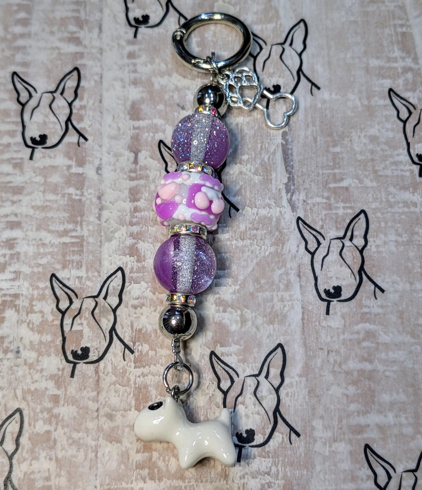 Handmade Beaded Bull Terrier Keyring / Bag Charm / Phone Charm — Purple Sparkle