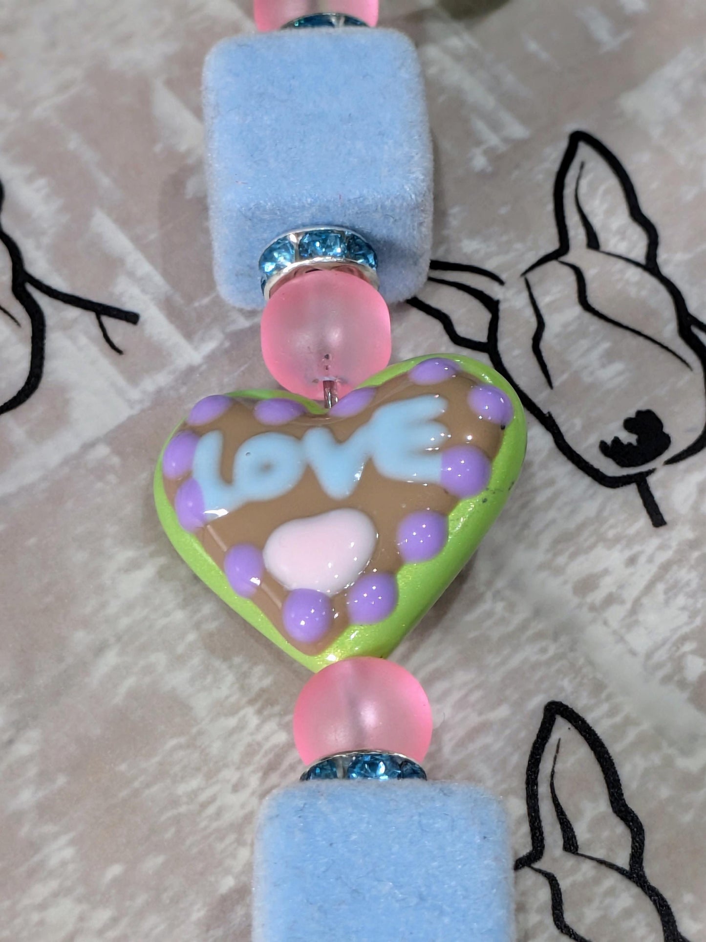 Handmade Beaded Bull Terrier Keyring / Bag Charm / Phone Charm — Green Hand Painted Heart