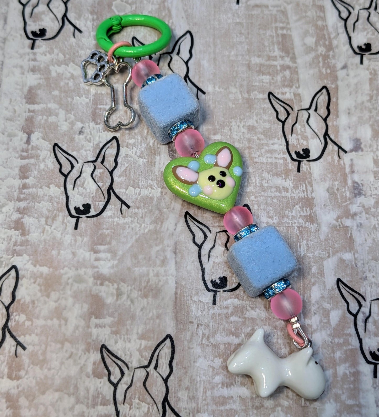 Handmade Beaded Bull Terrier Keyring / Bag Charm / Phone Charm — Green Hand Painted Heart