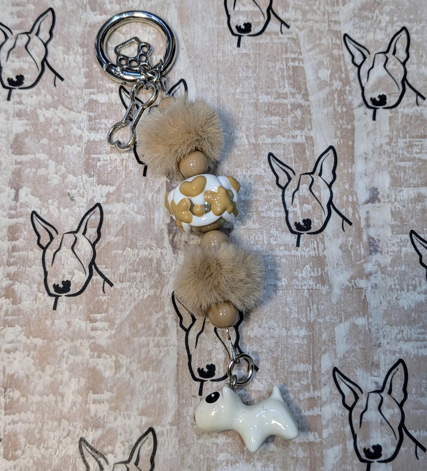 Handmade Beaded Bull Terrier Keyring / Bag Charm / Phone Charm — Brown Fluff
