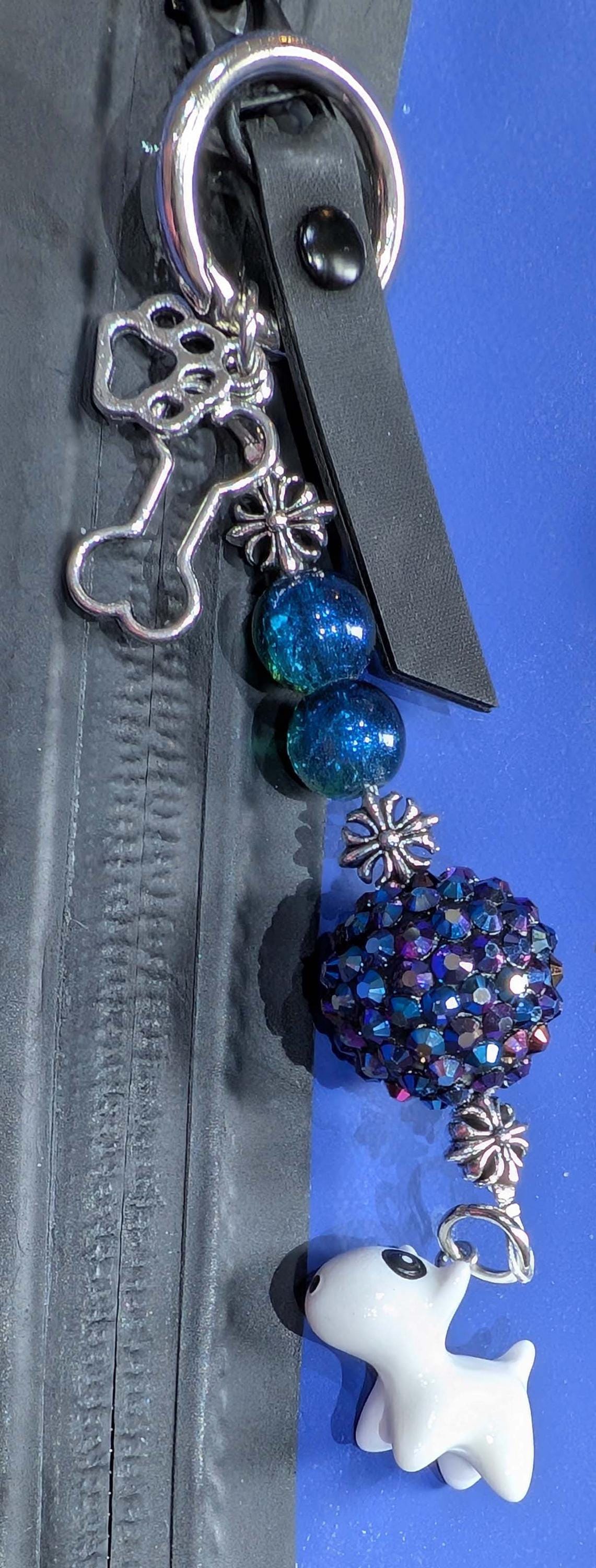 Handmade Beaded Bull Terrier Keyring / Bag Charm / Phone Charm — Blue Disco Bead