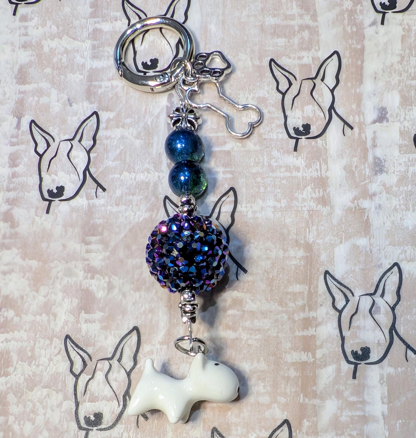 Handmade Beaded Bull Terrier Keyring / Bag Charm / Phone Charm — Blue Disco Bead