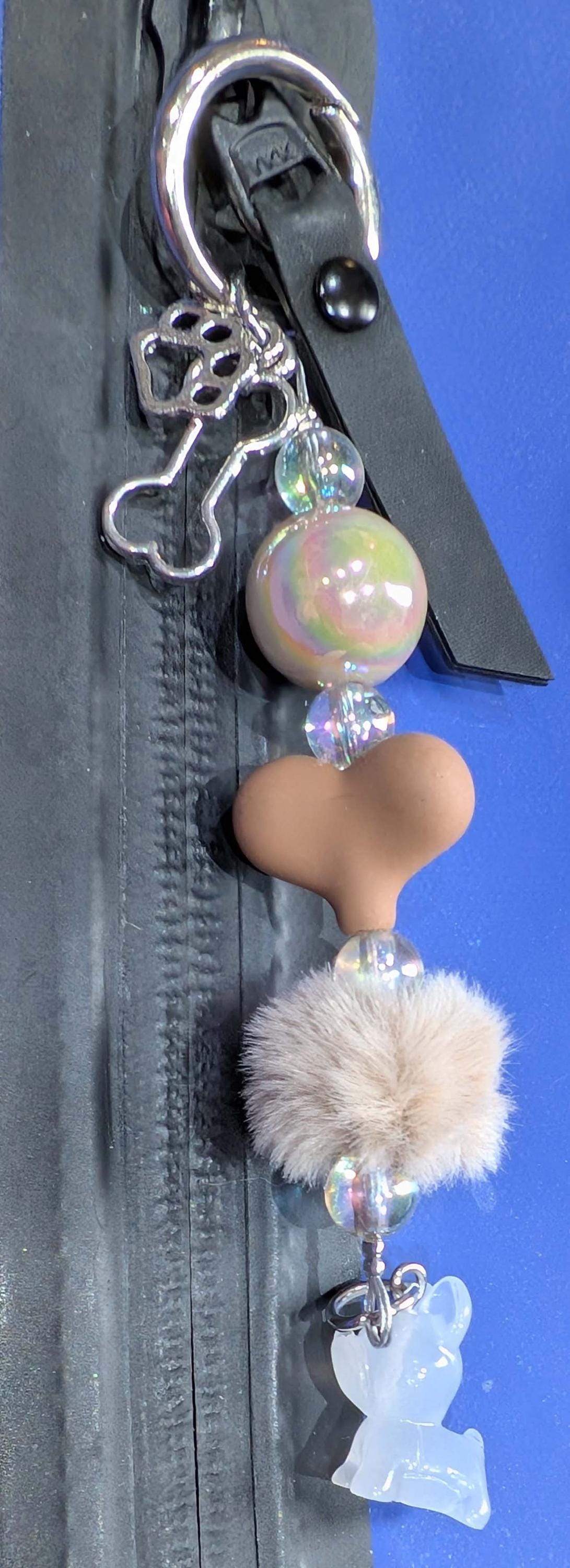 Handmade Beaded Frenchie Keyring / Bag Charm / Phone Charm — Brown Heart