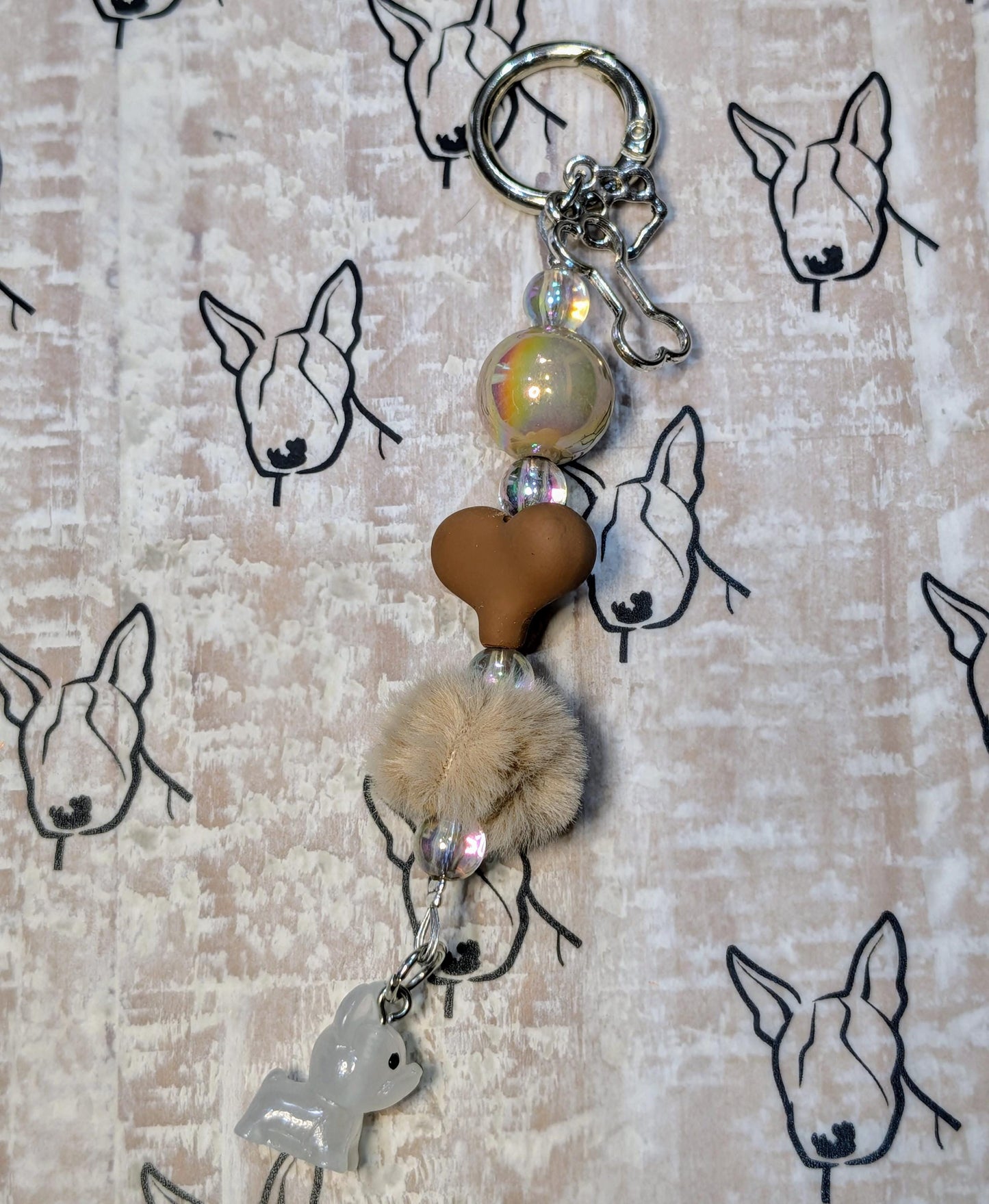 Handmade Beaded Frenchie Keyring / Bag Charm / Phone Charm — Brown Heart