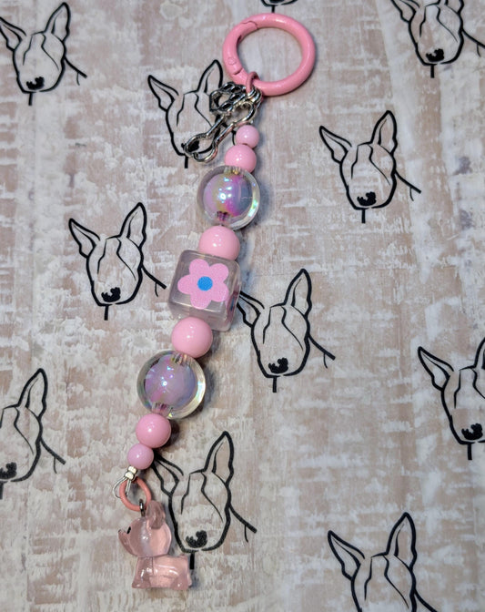 Handmade Beaded Frenchie Keyring / Bag Charm / Phone Charm — Pink Daisy