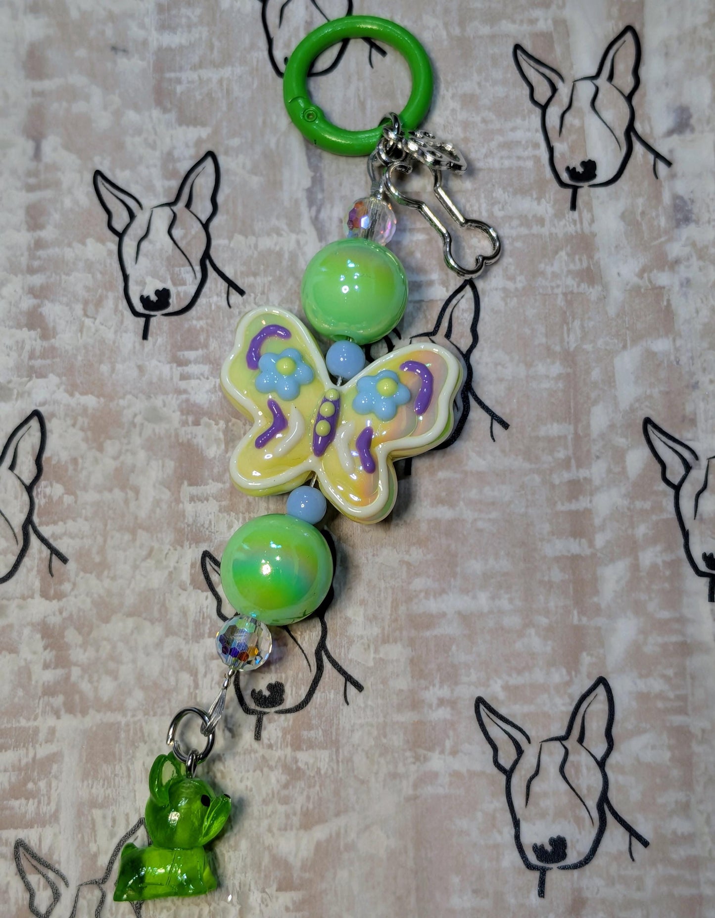 Handmade Beaded Frenchie Keyring / Bag Charm / Phone Charm — Hand Painted Butterfly