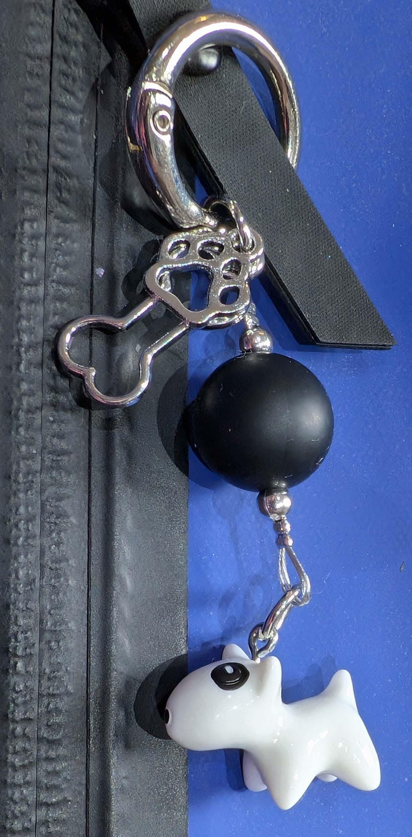 Handmade Beaded Dog Keyring / Bag Charm / Phone Charm — Single Black Bead — Bull Terrier