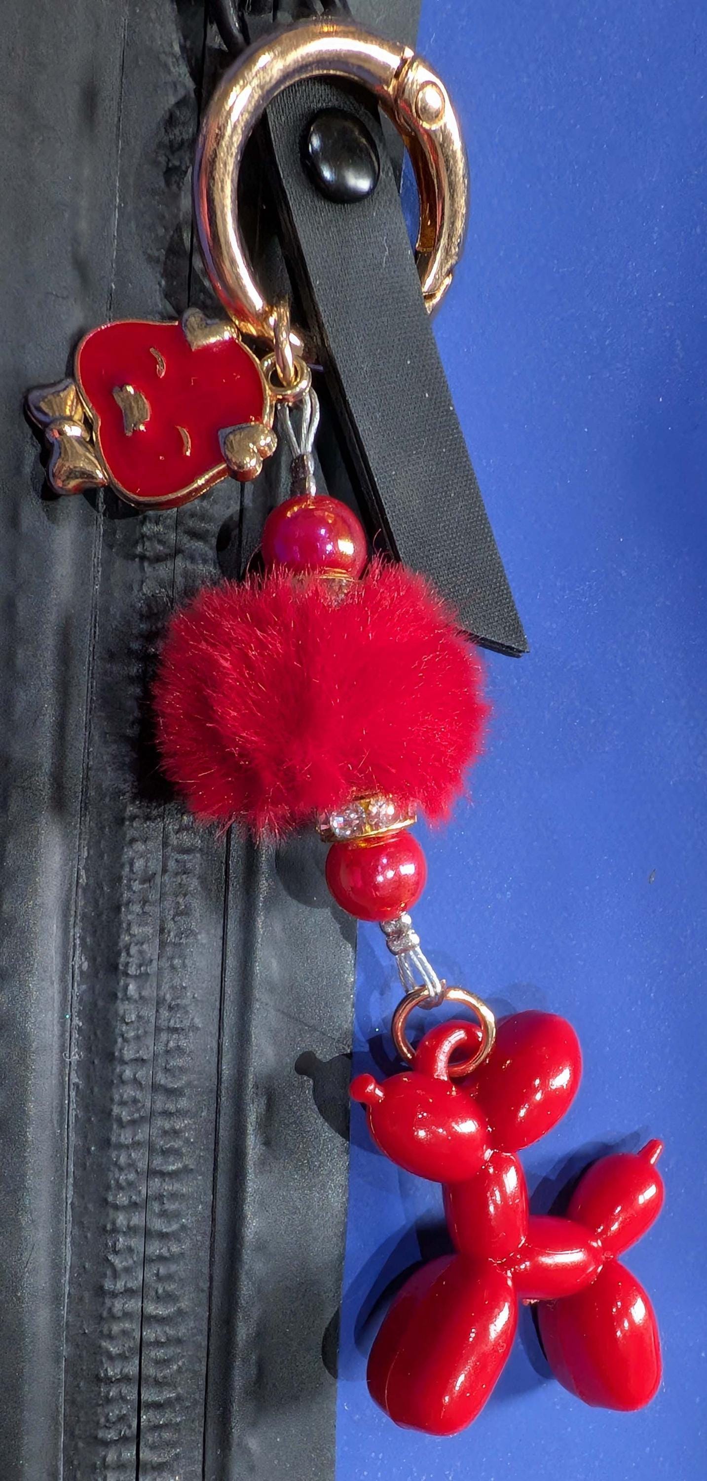 Handmade Beaded Dog Keyring / Bag Charm / Phone Charm — Red Fluff — Red Balloon Dog
