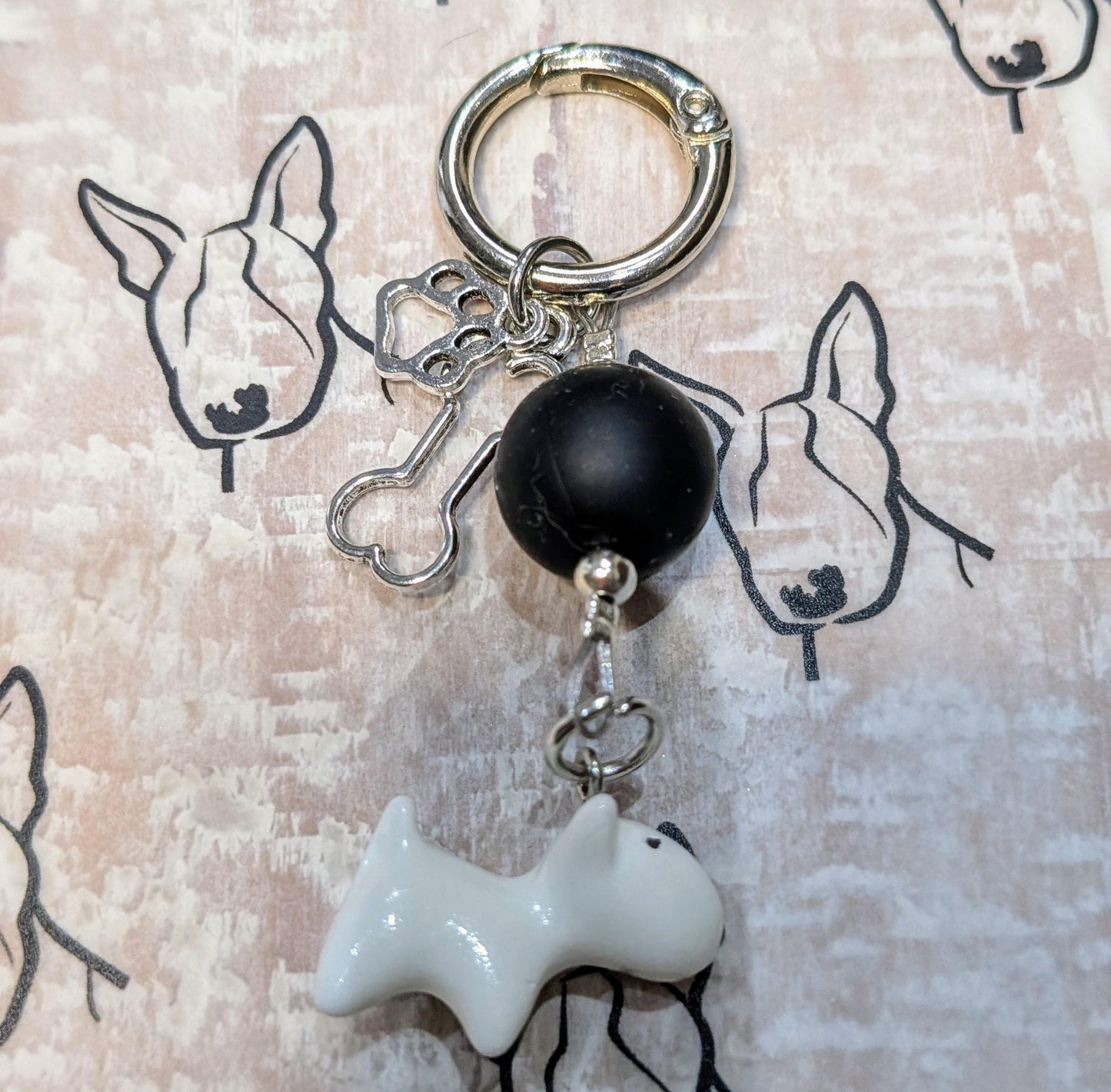 Handmade Beaded Dog Keyring / Bag Charm / Phone Charm — Single Black Bead — Bull Terrier