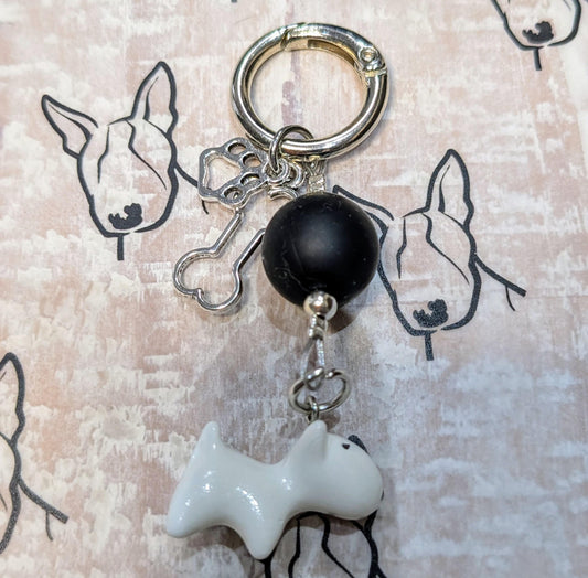Handmade Beaded Dog Keyring / Bag Charm / Phone Charm — Single Black Bead — Bull Terrier