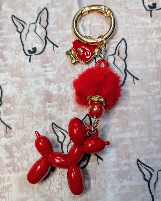 Handmade Beaded Dog Keyring / Bag Charm / Phone Charm — Red Fluff — Red Balloon Dog
