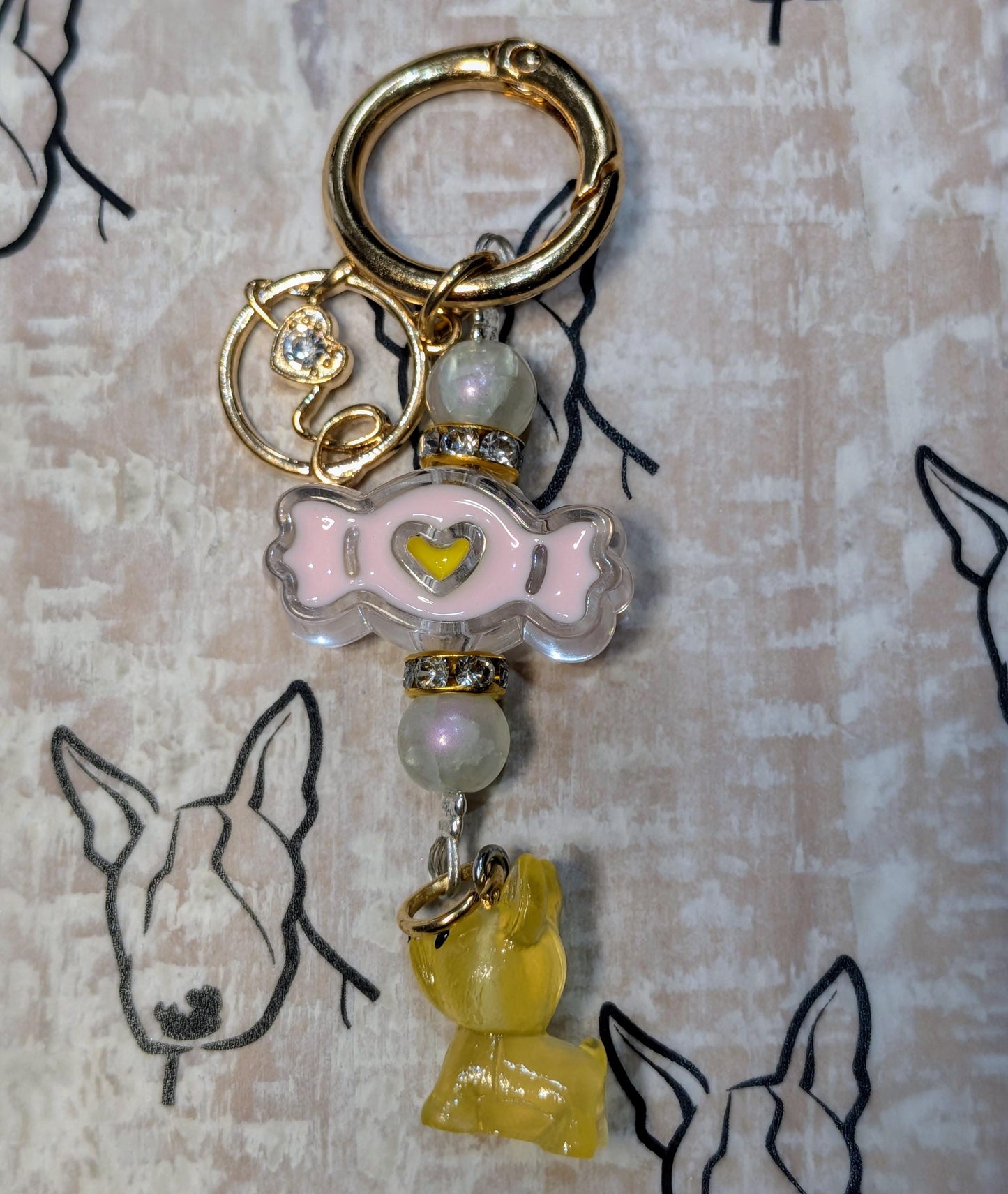 Handmade Beaded Dog Keyring — Pink Sweetie Bead — Frenchie