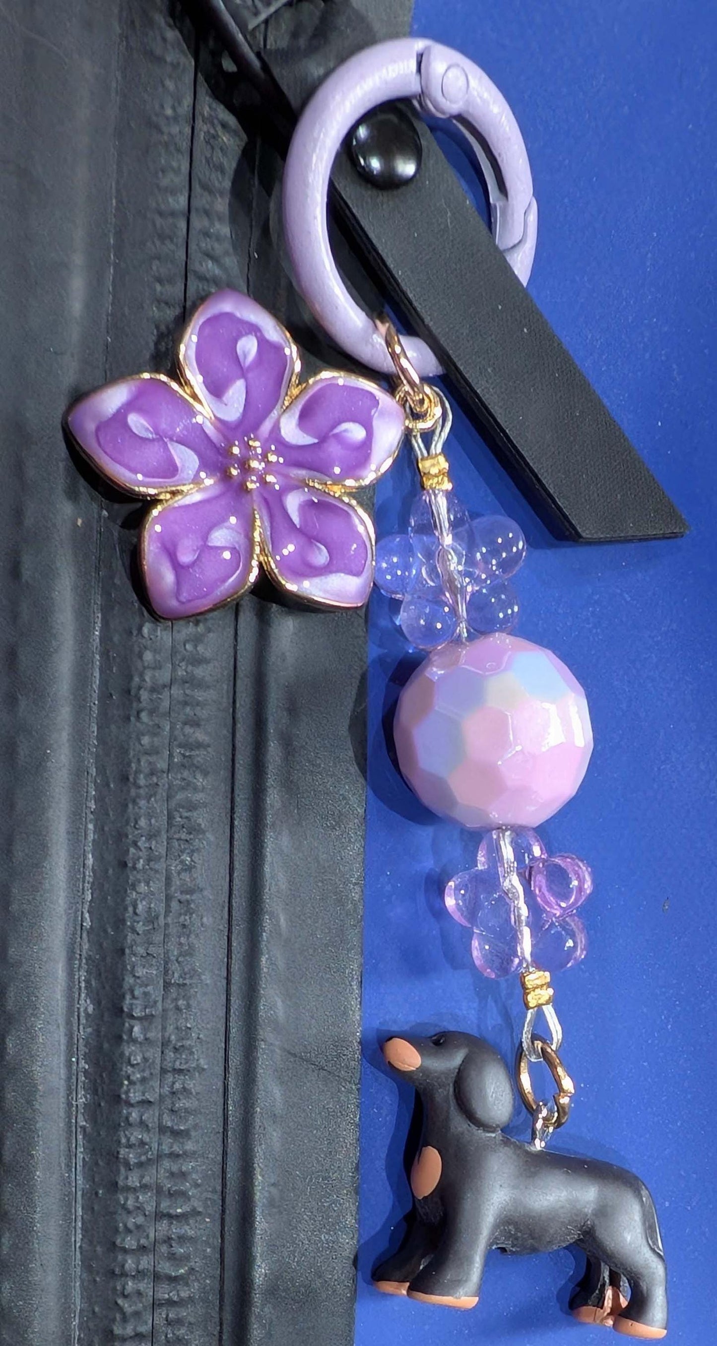 Handmade Beaded Dog Keyrings / Bag Charm / Phone Charm — Purple Disco Bead — Dachshund