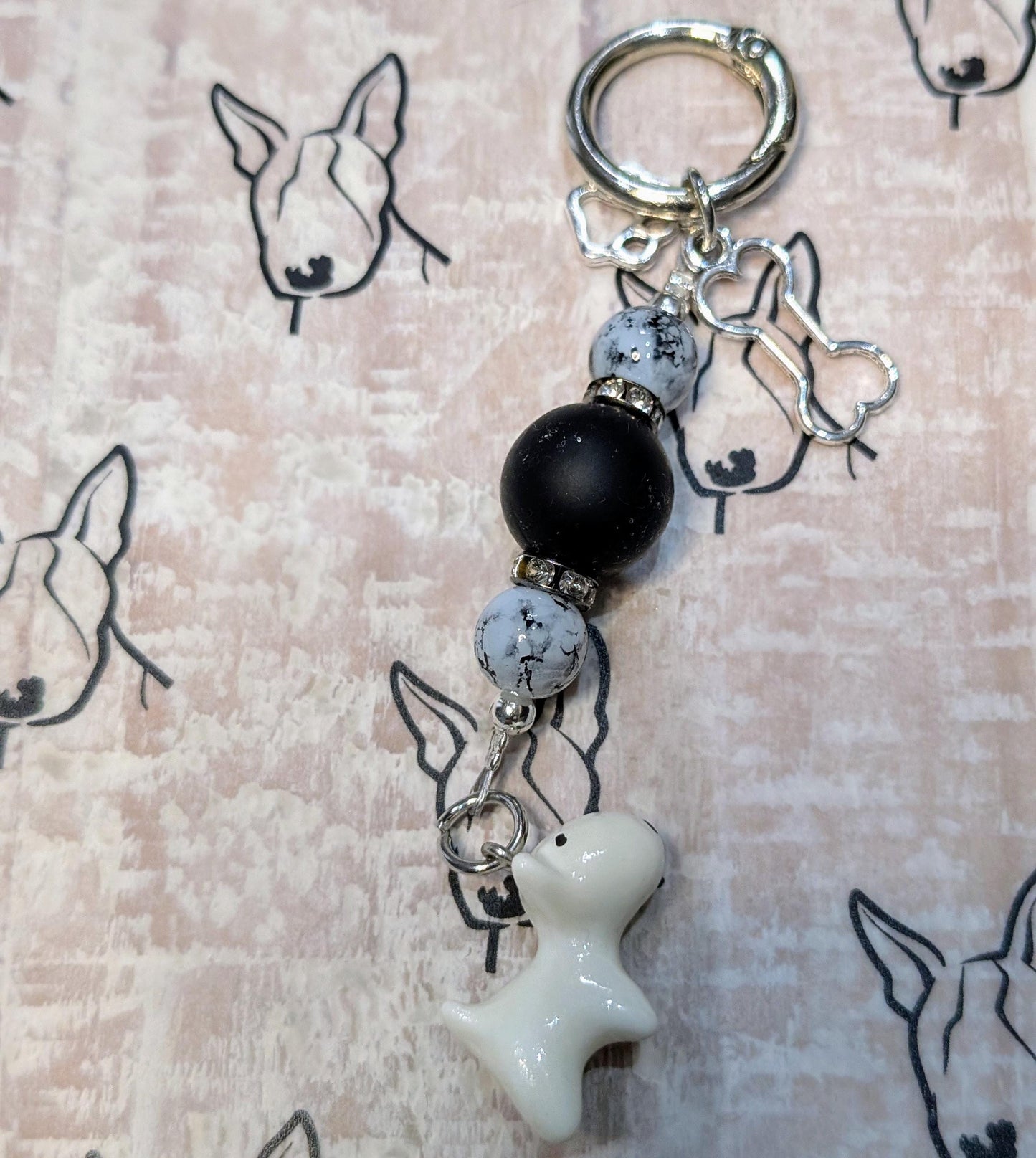 Handmade Beaded Dog Keyring / Bag Charm / Phone Charm — Black Silicon & Marble Glass Beads — Bull Terrier