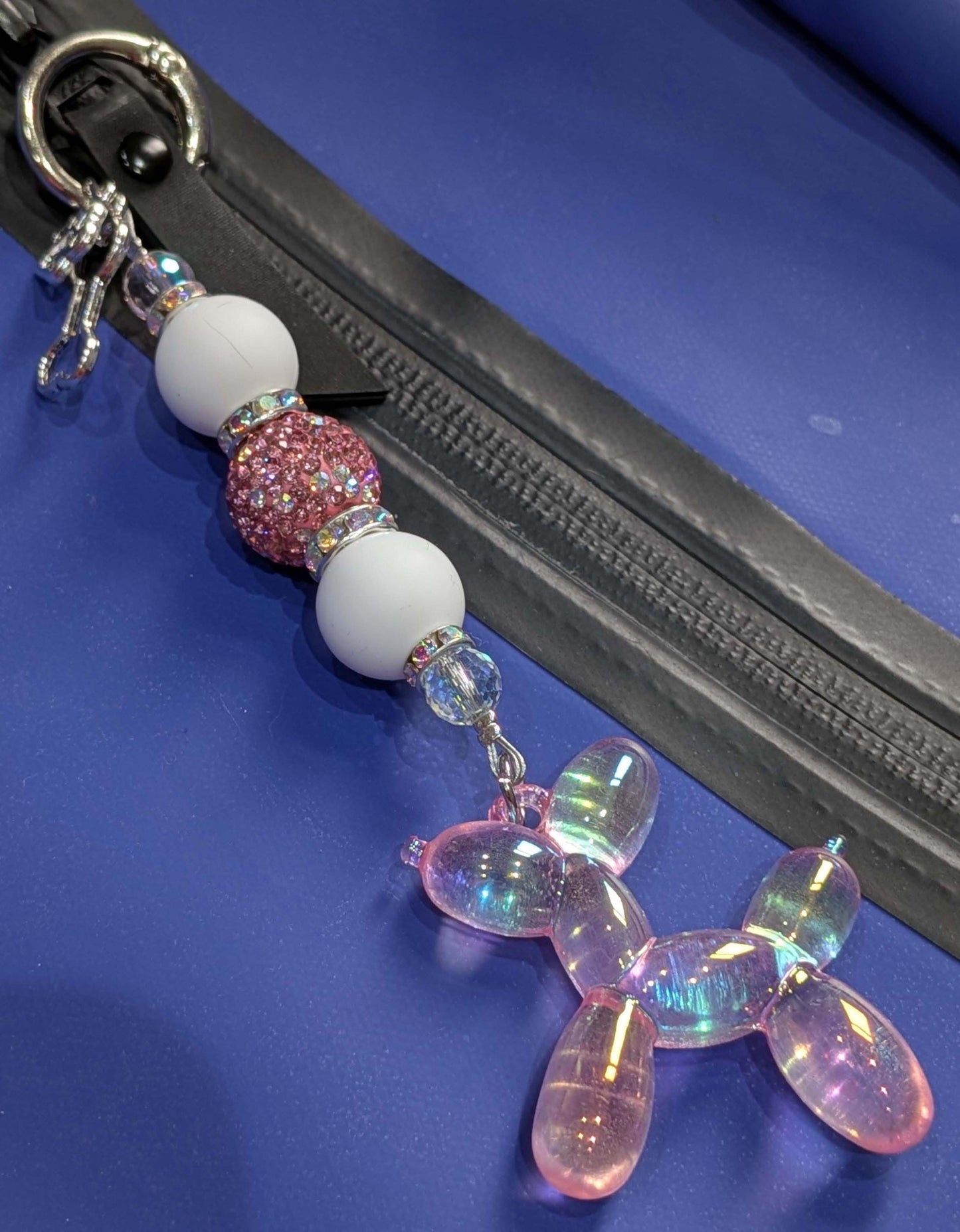 Handmade Beaded Keyring / Bag Charm / Phone Charm — Pink Sparkles — Balloon Dog