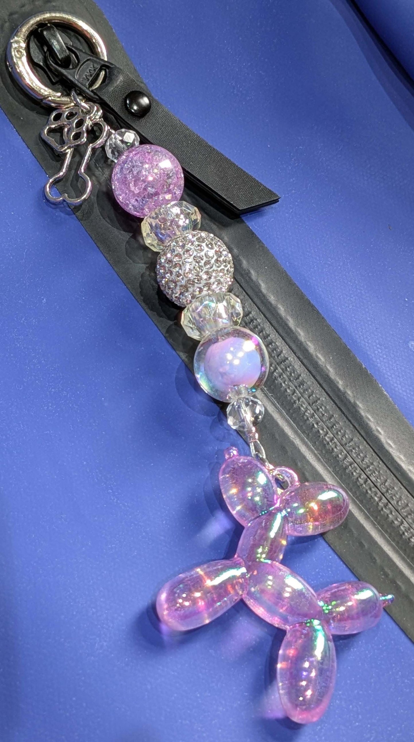 Handmade Beaded Keyring / Bag Charm / Phone Charm — Silver Sparkles — Balloon Dog