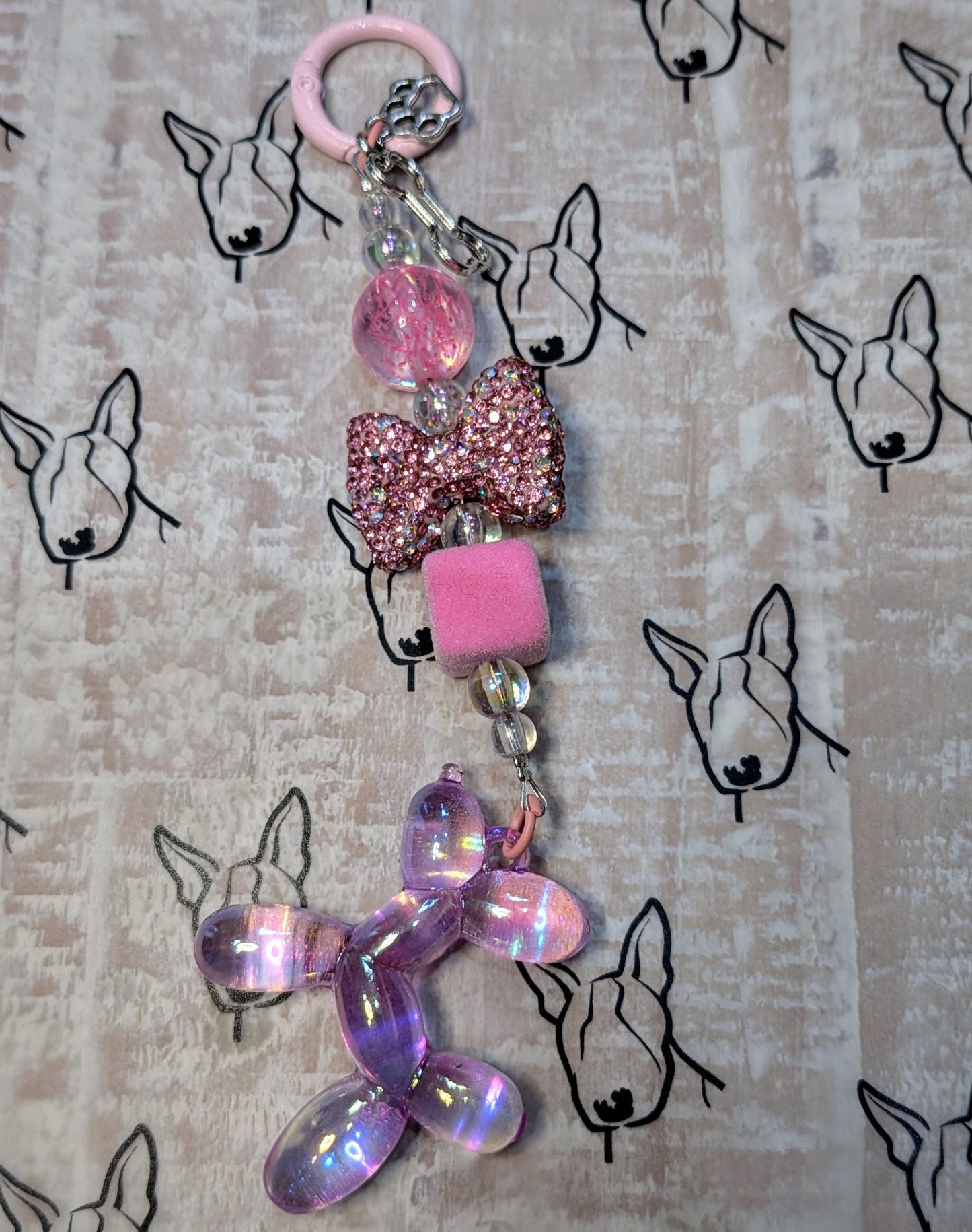 Handmade Beaded Keyring / Bag Charm / Phone Charm — Pink Sparkle Bow — Balloon Dog