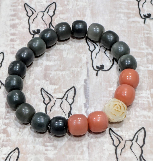 Handmade Bodhi Bead Bracelet — Green & Peach Barrel Beads with White Rose