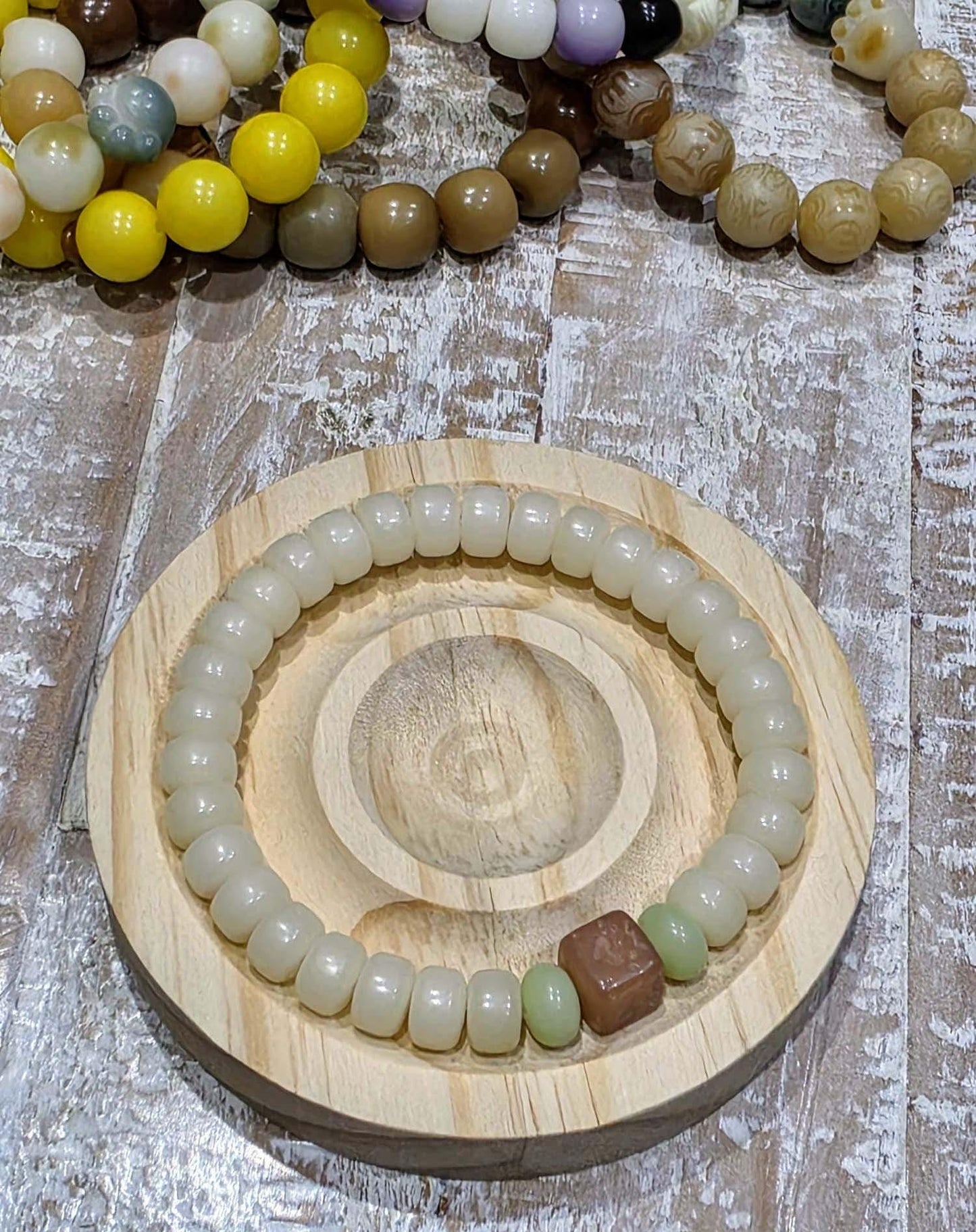 Handmade Bodhi Bead Bracelet — White Beads with Square Peach Spacer