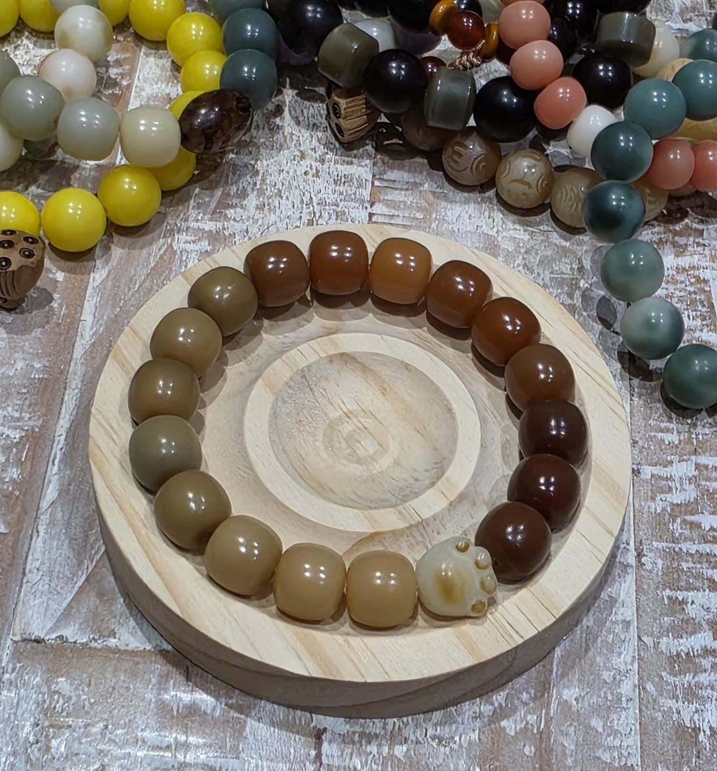 Handmade Bodhi Bead Bracelet — Shades of Brown with Paw Spacer