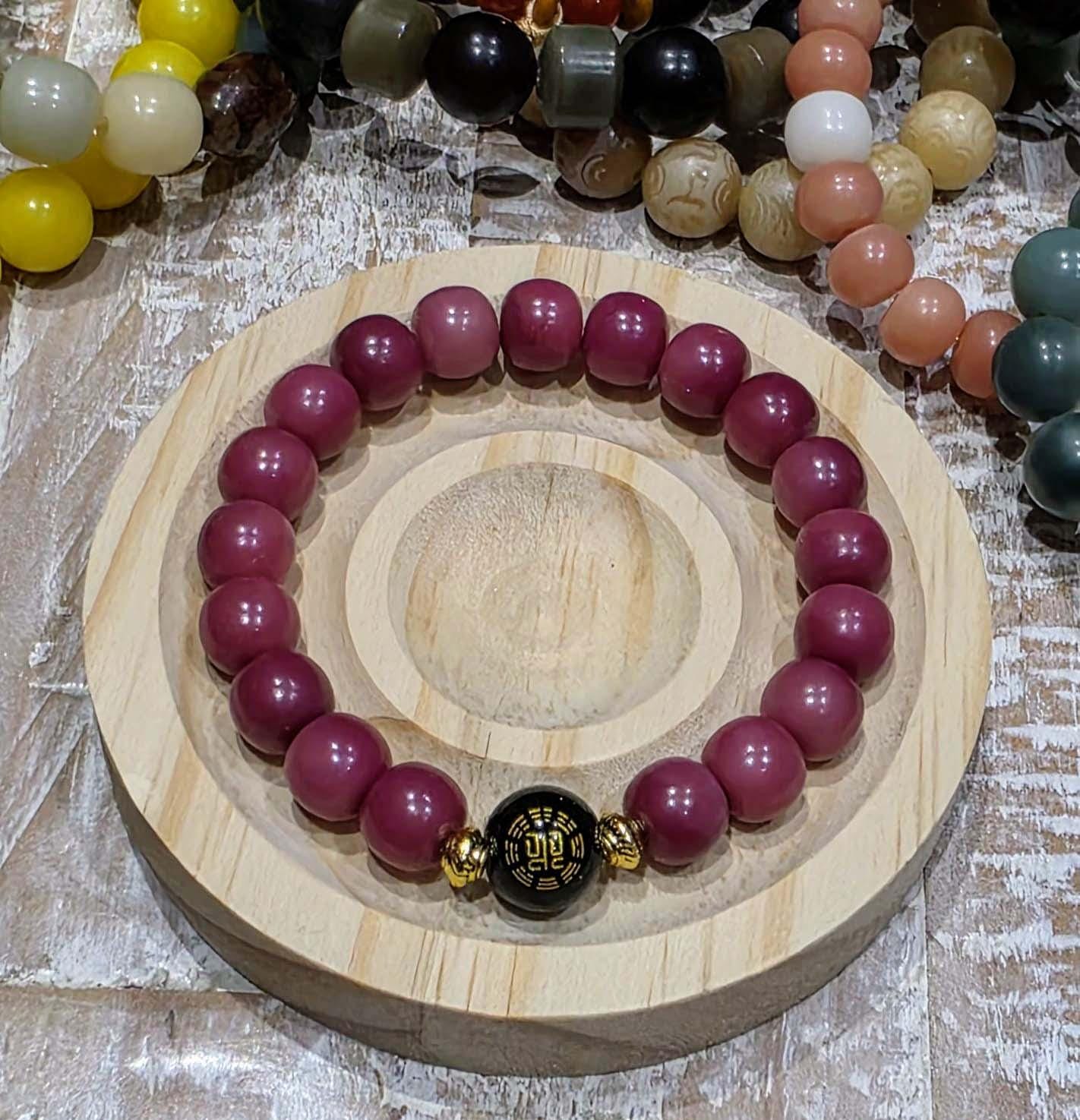 Handmade Bodhi Bead Bracelet — Rose Pink Barrel with Painted Glass Bead