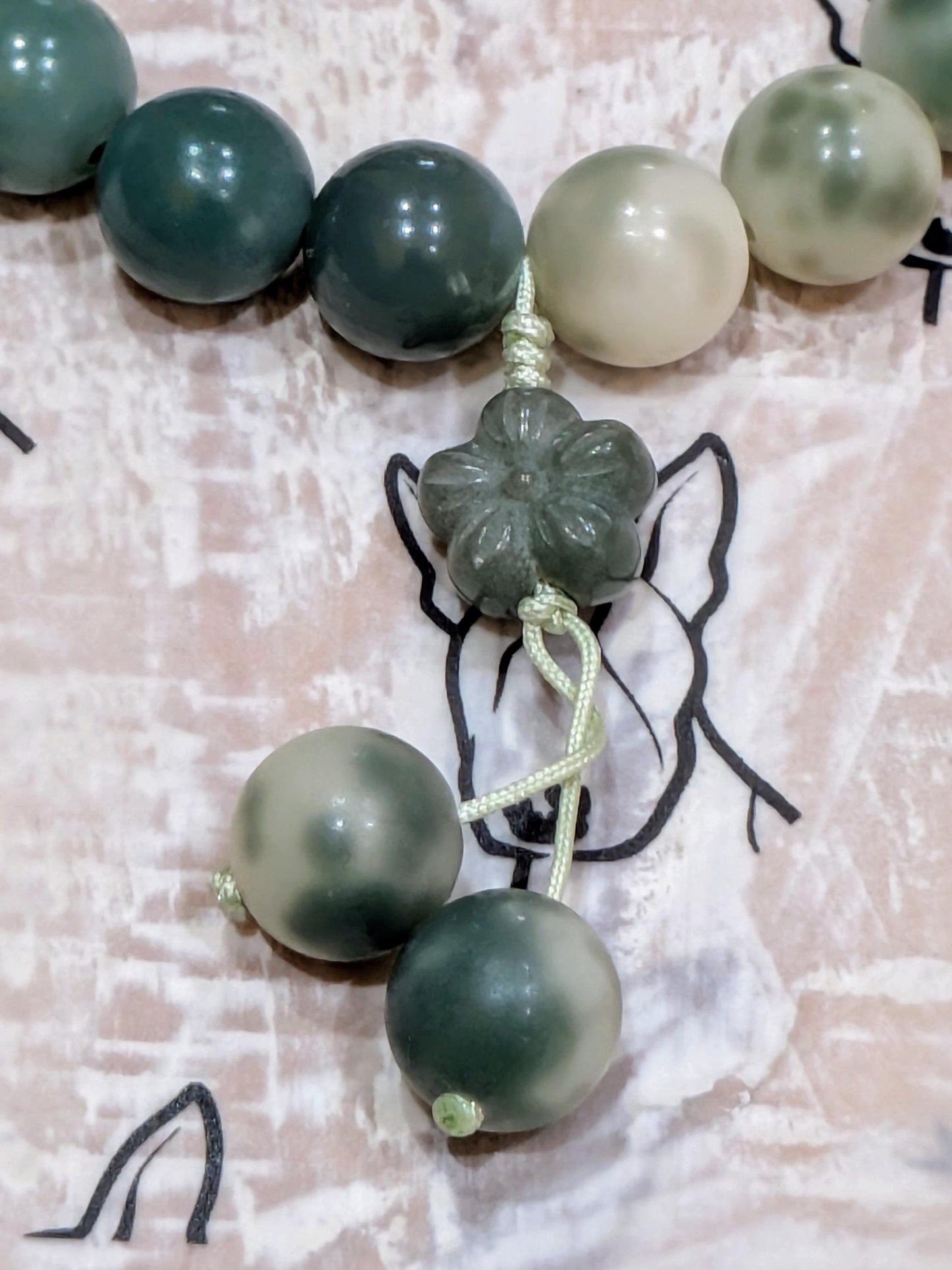 Handmade Bodhi Bead Bracelet — Green & White with Green Flower Pendant
