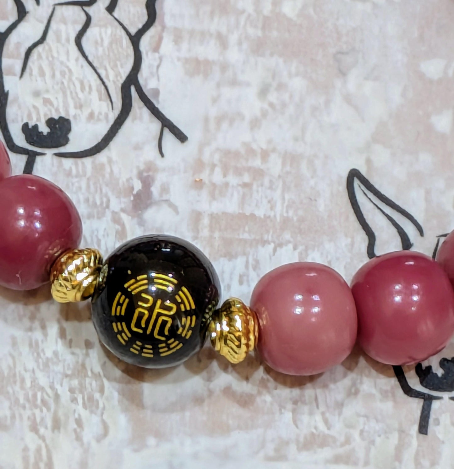 Handmade Bodhi Bead Bracelet — Rose Pink Barrel with Painted Glass Bead