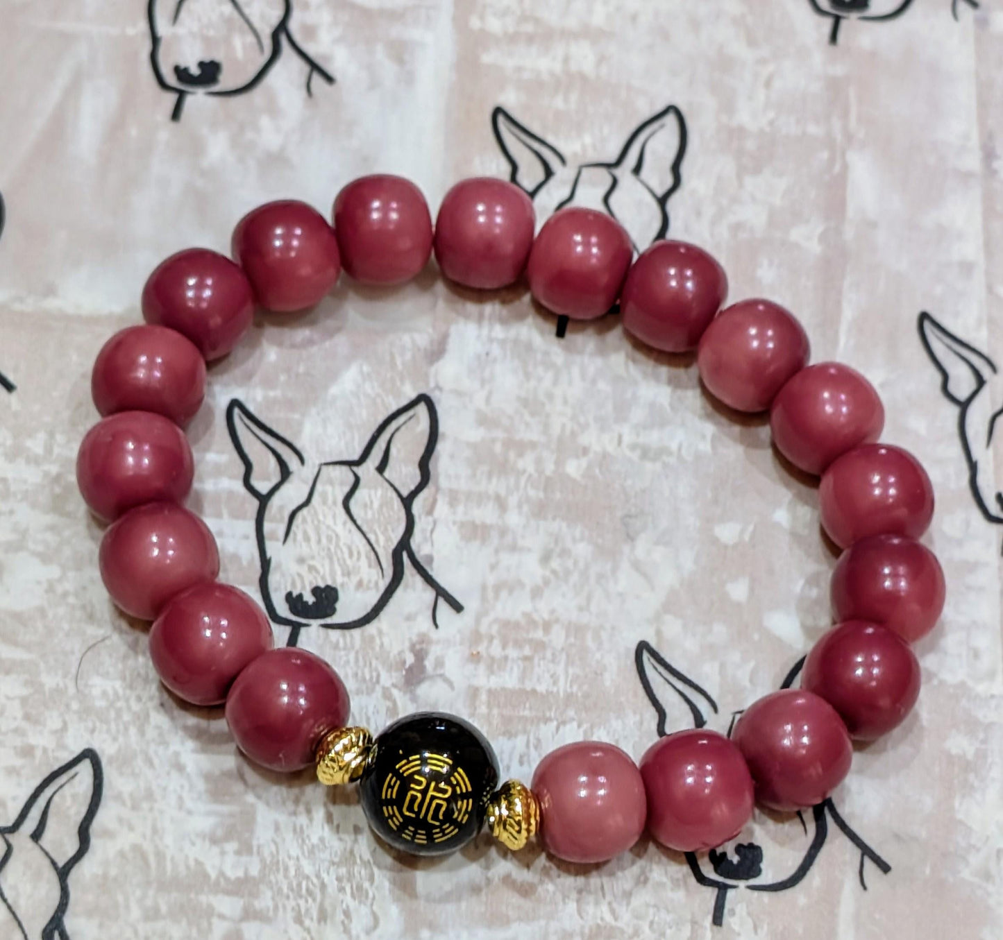 Handmade Bodhi Bead Bracelet — Rose Pink Barrel with Painted Glass Bead