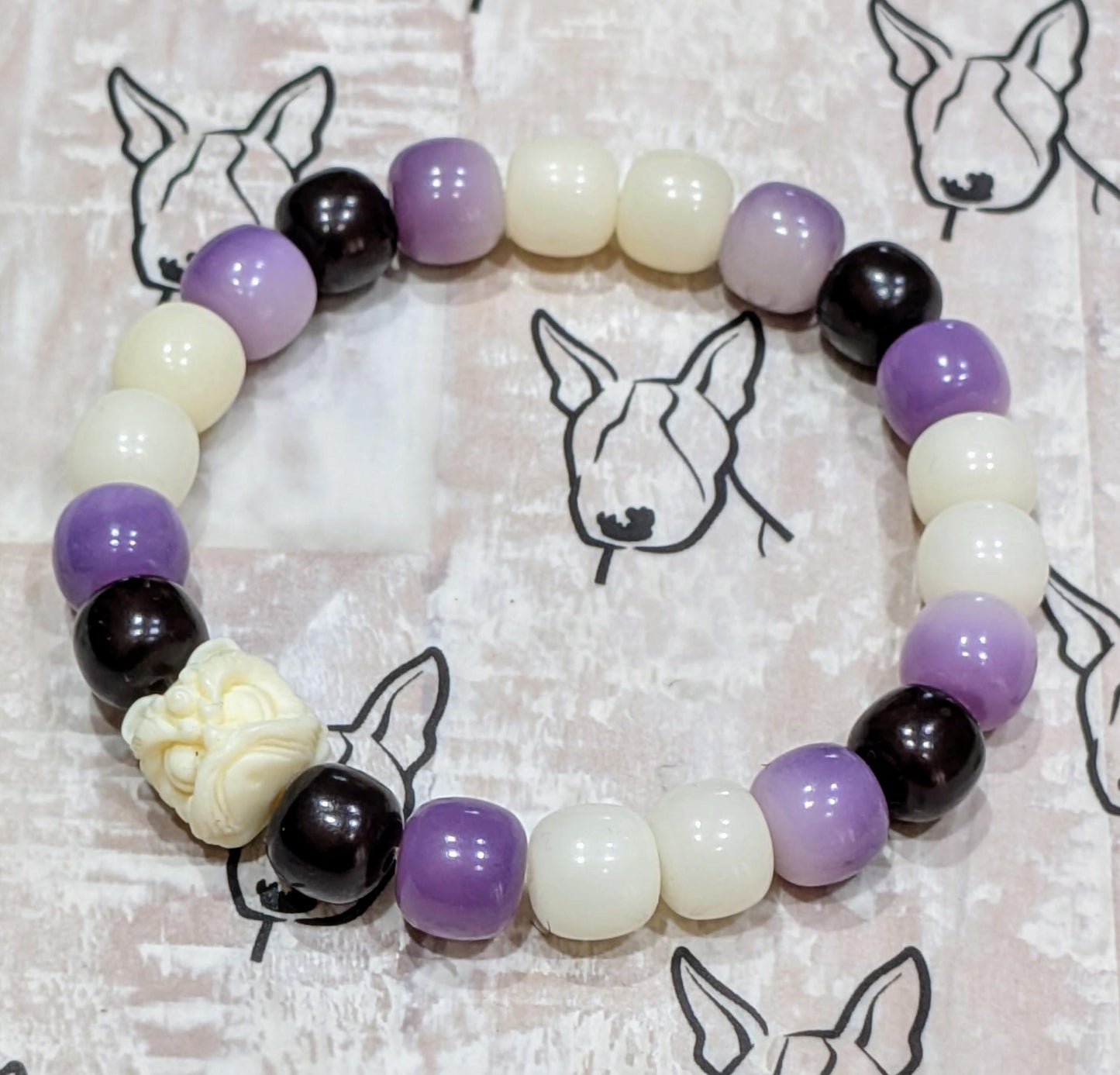 Handmade Bodhi Bead Bracelet — White, Black & Purple Barrel with White Lion Spacer