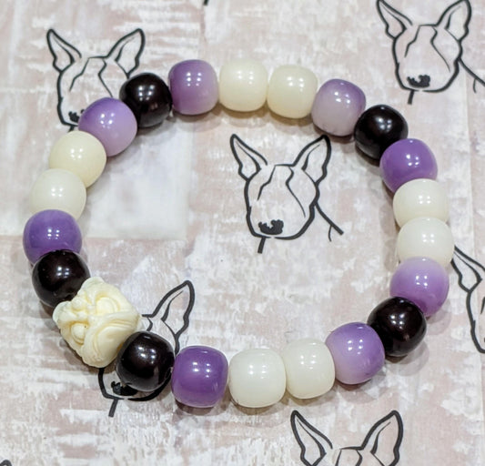 Handmade Bodhi Bead Bracelet — White, Black & Purple Barrel with White Lion Spacer